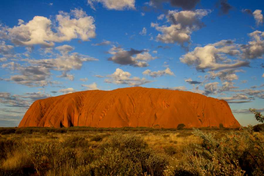 Uluru glows in a warm orange hue as it is illuminated by the setting sun.