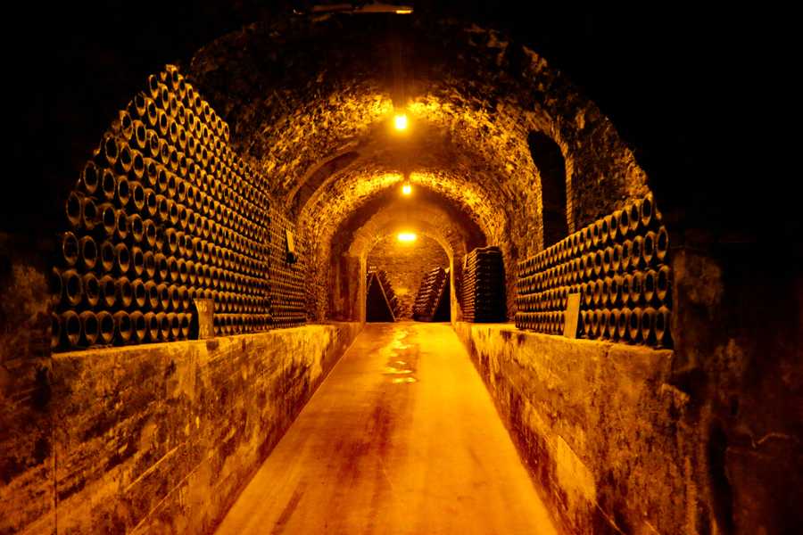 Lighting at Champagne Billecart Salmon gives the cellar and racks of bottles a golden glow.